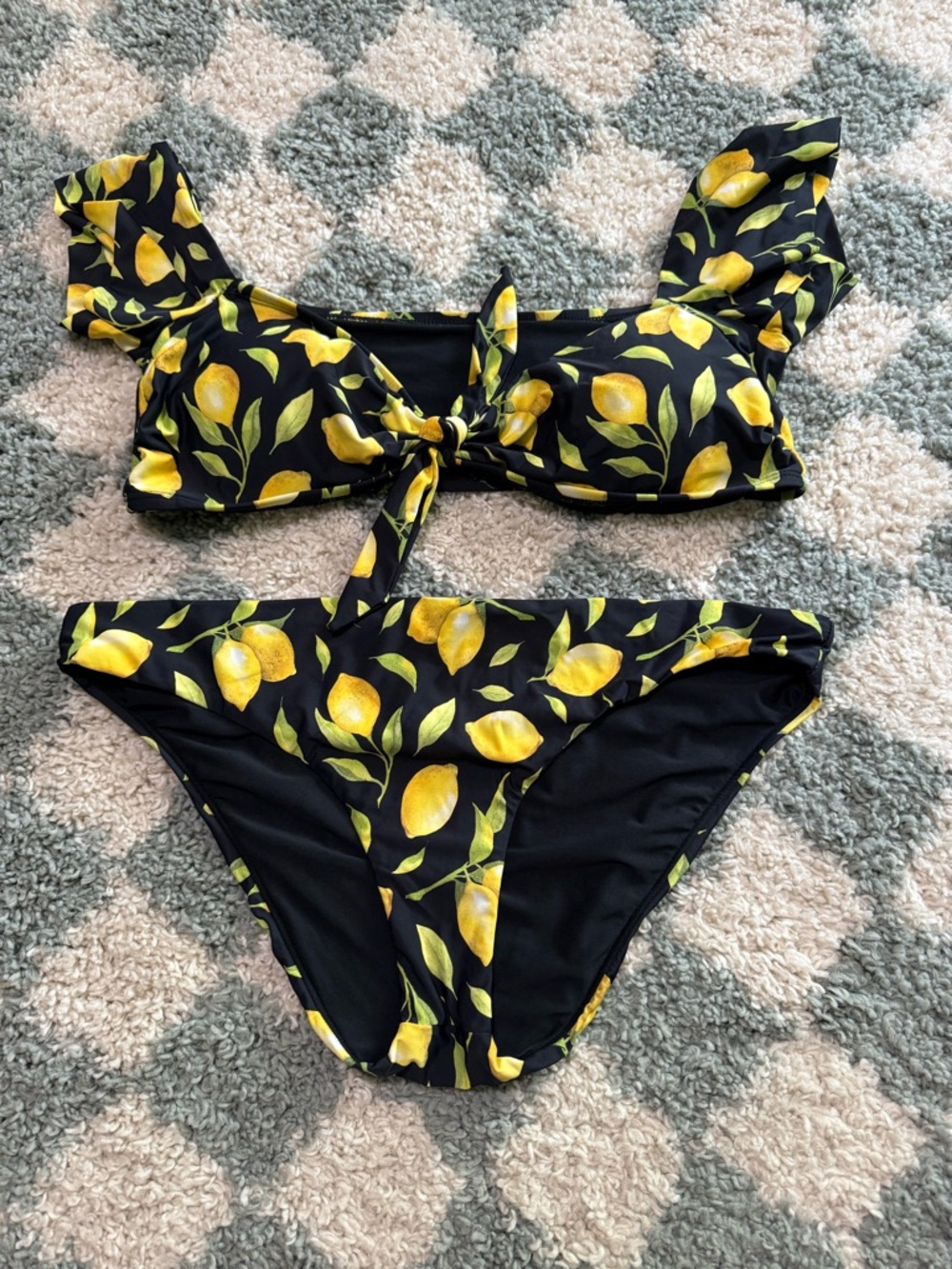 GIANNI BINI Lemon Print Bikini Set Off Shoulder Top Knot Detail Beach Summer XL